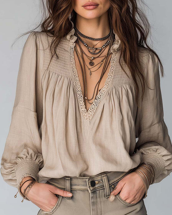 Blus Djup V-Hals Puffärm