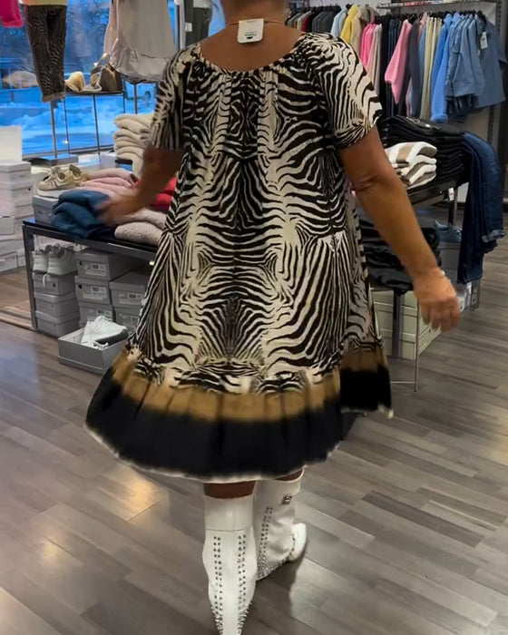 Klänning Lös Rund Hals Kort Ärm Tryckt