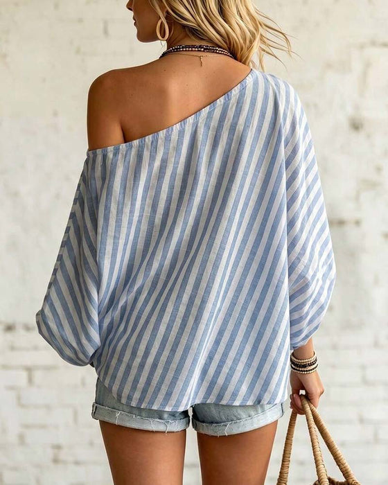Blus Asymmetrisk Hals Rand Puffärm