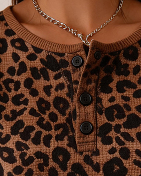 Topp Henley Hals Leopard Tryck Vaffel