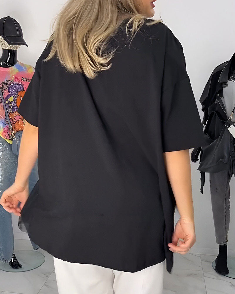 T-Shirt Med Geometriskt Tryck Och Mesh-Splicing