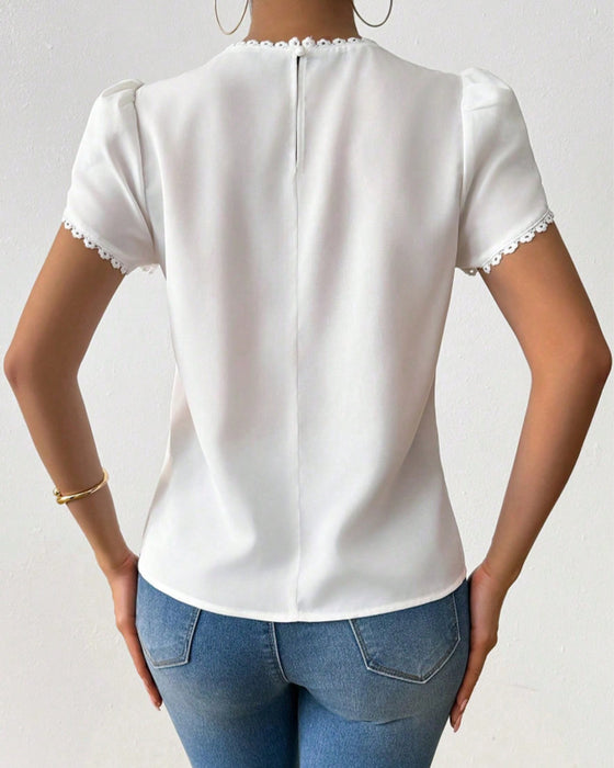 Blus Spets Patchwork Puffärm Veckad