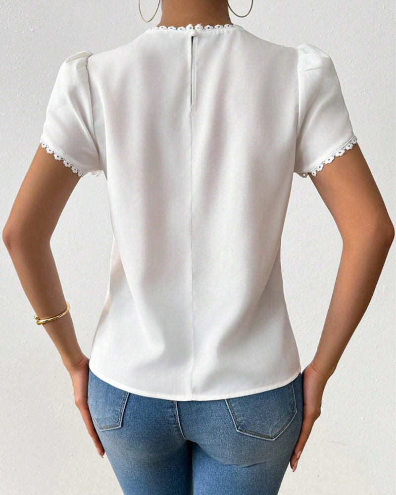 Blus Spets Patchwork Puffärm Veckad