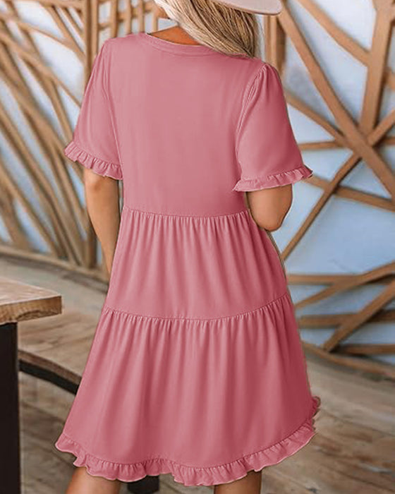 Klänning Rynkad Kant V-Ringning Lagerdelad Kant