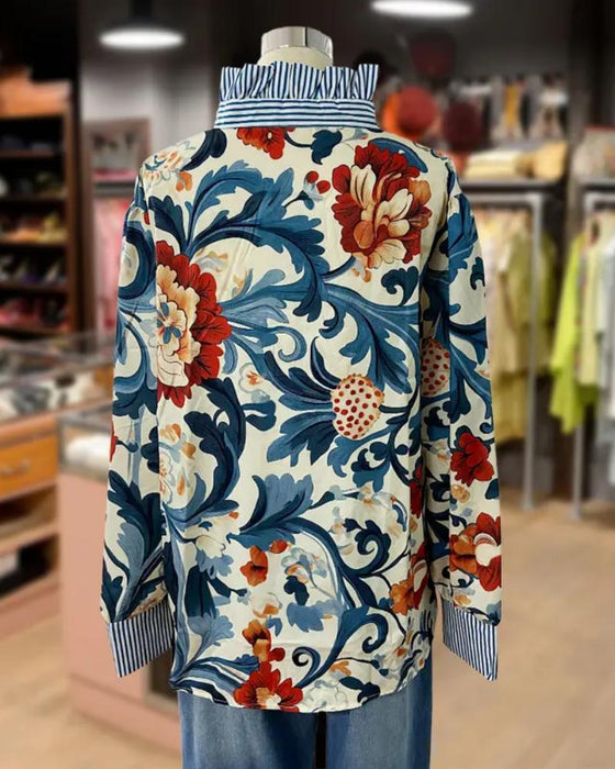 Vintage Blommig Lapptäcke Rand Krage Blus