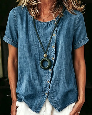 Blus Asymmetrisk Rund Halsning Denim