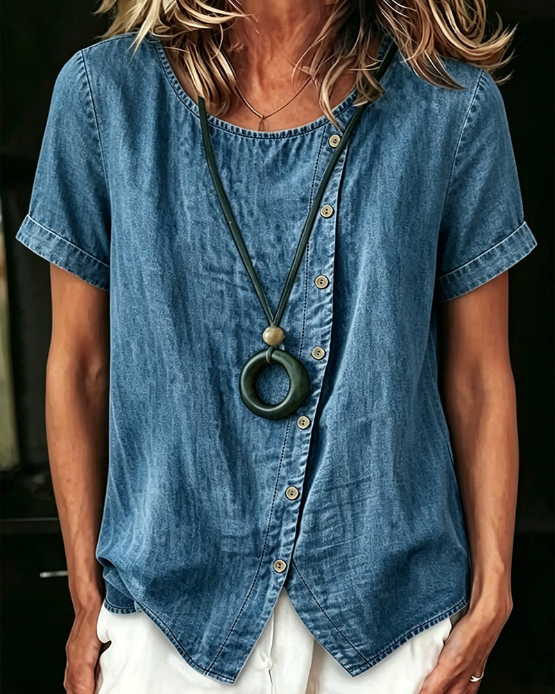 Blus Asymmetrisk Rund Halsning Denim