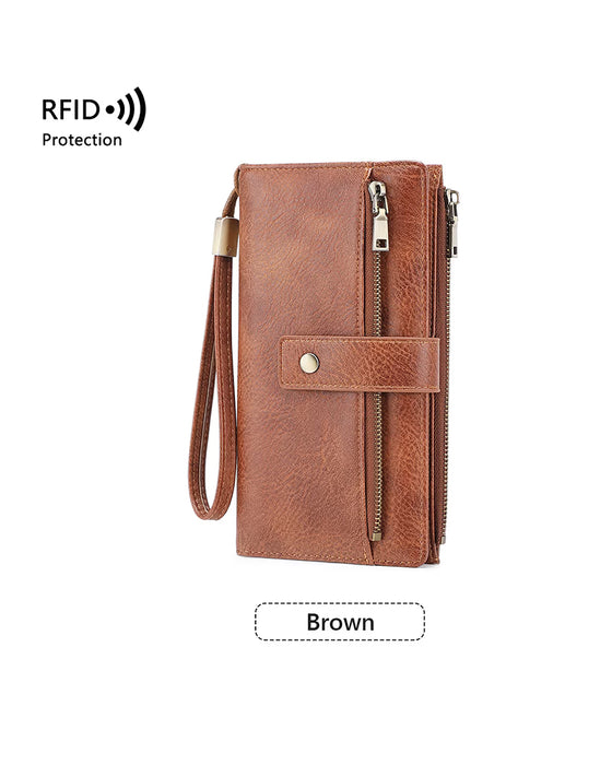 Dams långplånbok, snygg clutch, elegant enfärgad läderplånbok med RFID-skydd👛