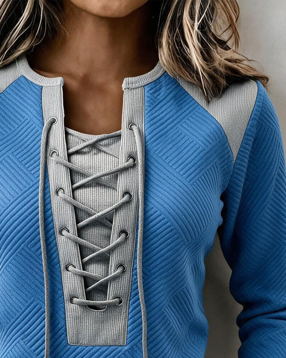 Sweatshirt Snörning Ribbad Färgblock Slimmad Passform
