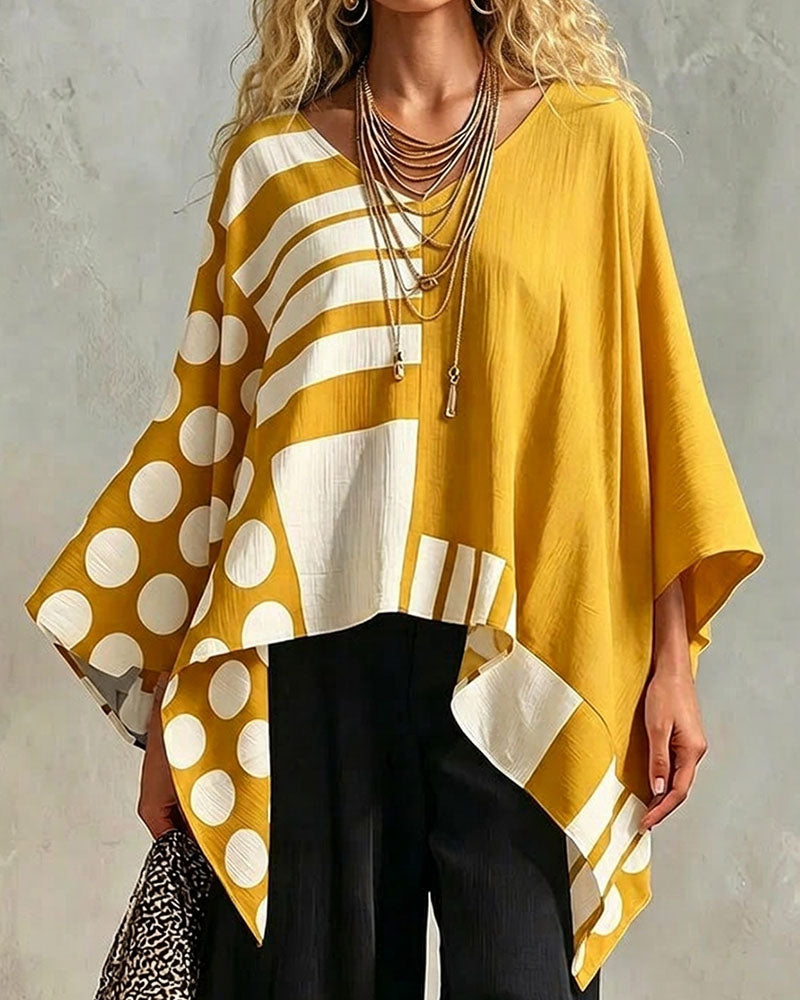 Blouse Polka Dot Rand Patchwork V Ringning