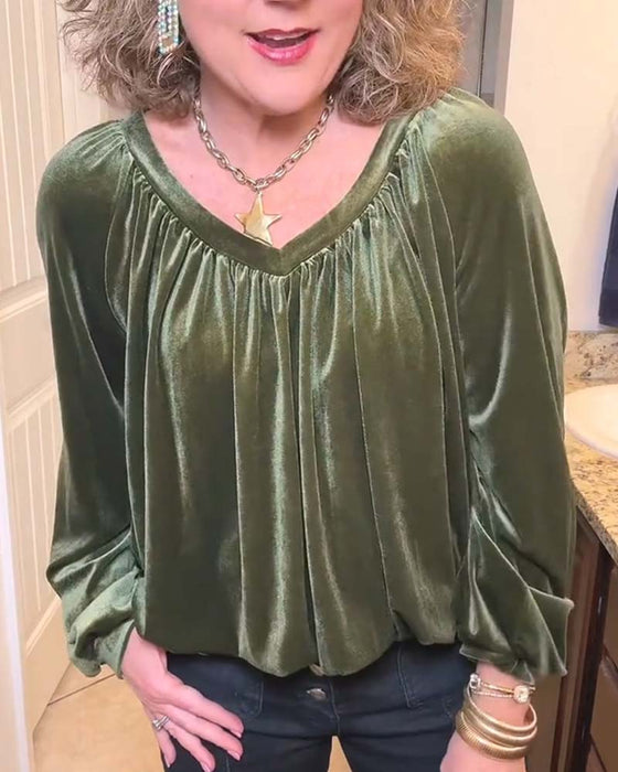V-Neck Smocked Cutout Long Sleeve Blouse
