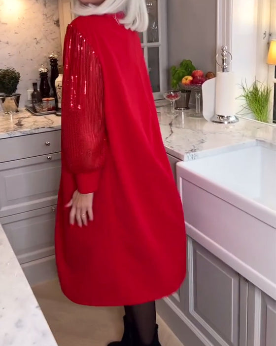 Trendig långärmad klänning i enfärgad paljettpatchwork