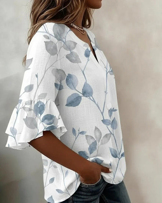 Blus Flutter Flare Ärm Blad Tryck