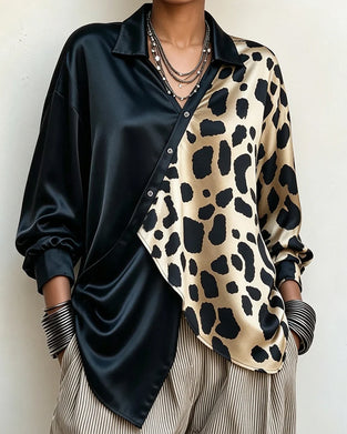 Blus Oregelbundet Leopardmönster Knappad