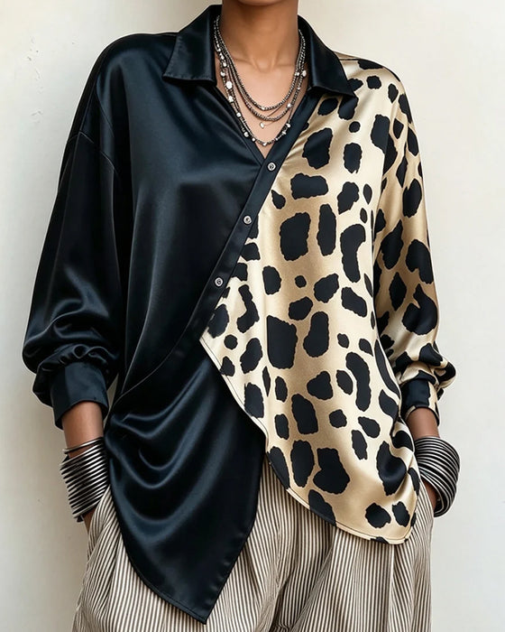 Blus Oregelbundet Leopardmönster Knappad