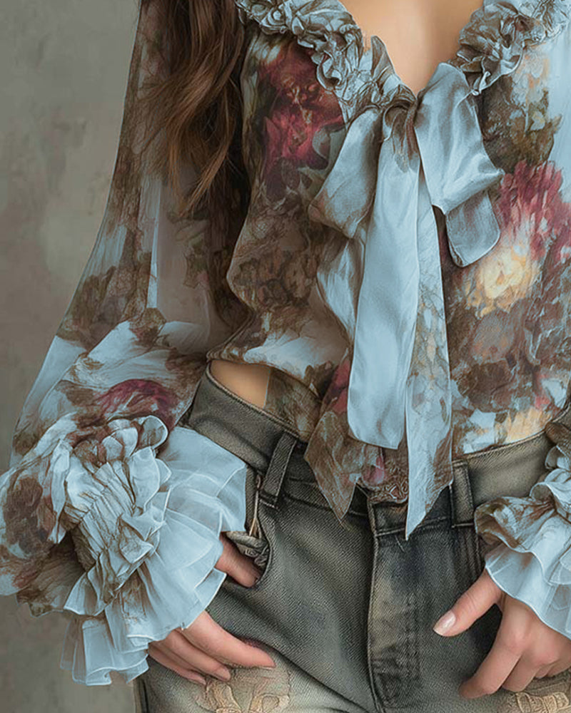 Blus Lotusmönster Elegant