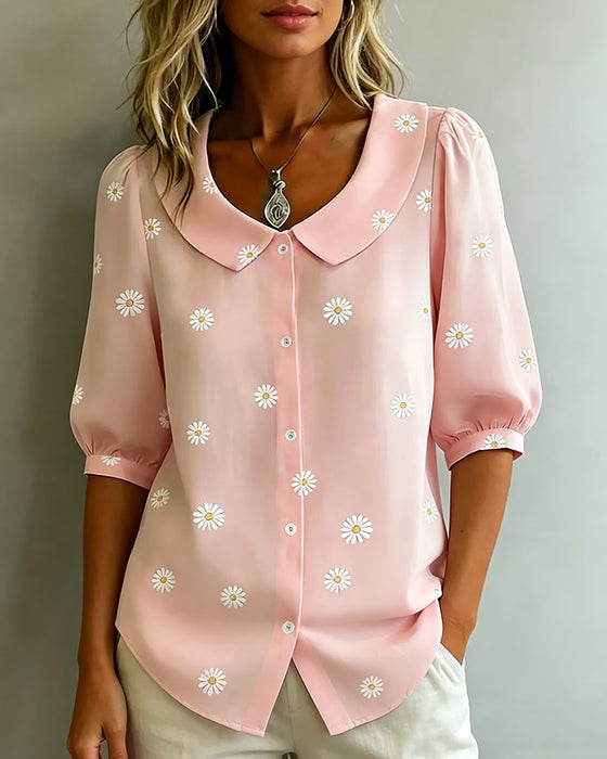 Avslappnad Blus Blommig Puffärmar