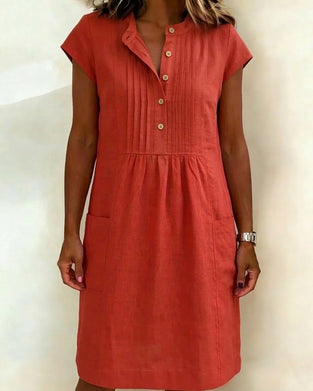 Klänning Bomull Och Linne Ståkrage Kort Ärm