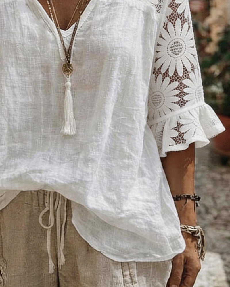 Blus Prästkrage Spets Lapptäcke