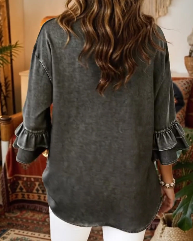 Rynkad Kortärmad V-Ringad Denimblus