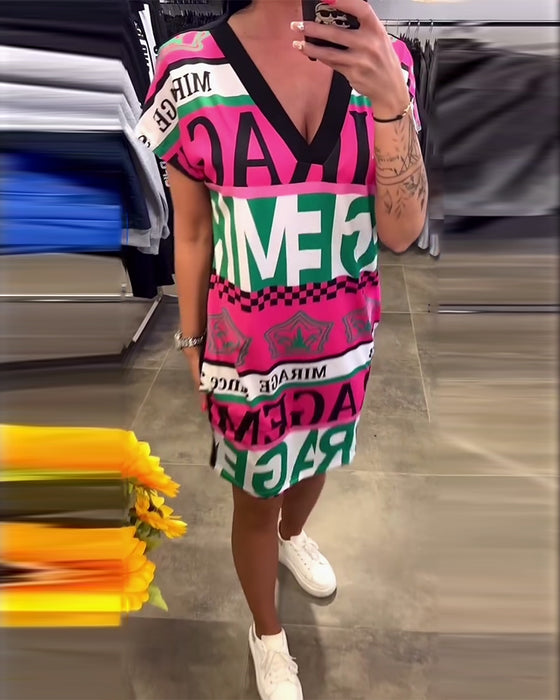 Klänning Tryckt V-Ringad Kortärmad