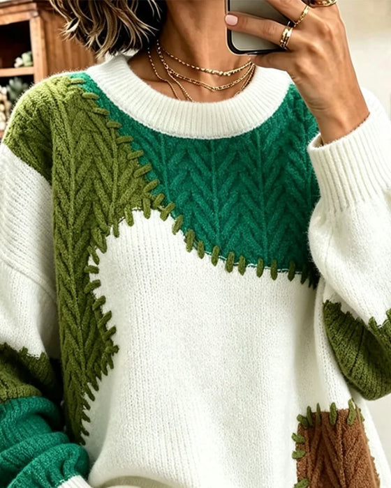 Pullover Rund Hals Kontrasterande Sluttande Axel Lappverk