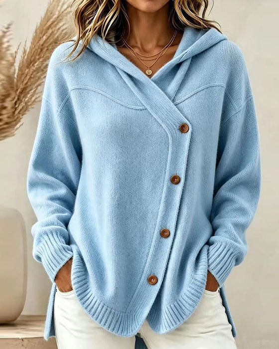 Pullover Knäppt Lång Ärm Huva
