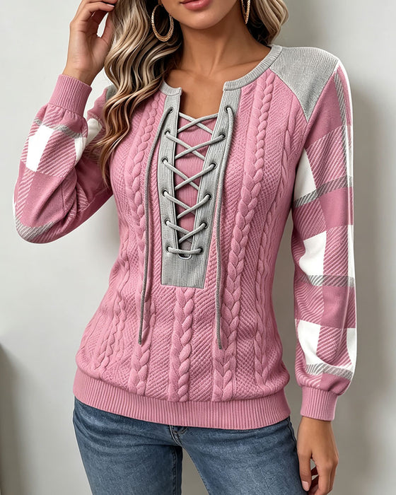 Sweatshirt Rund Halsringning Remmar Pläd Tryck