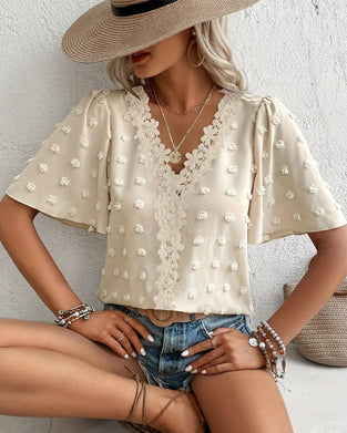 Blus Sammanfogad Jacquard Volangärm