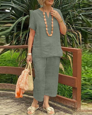 Tvådelade Set Kortärmad Skjorta Resår Midja Cropped Byxor