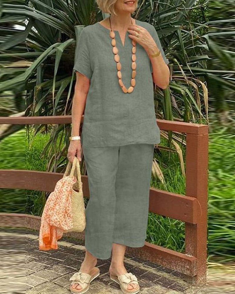 Tvådelade Set Kortärmad Skjorta Resår Midja Cropped Byxor