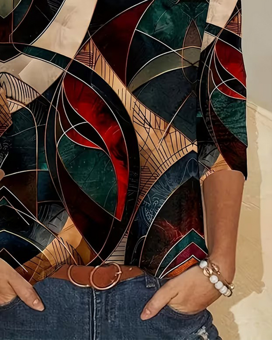 Topp Rund Halsringning Casual Tryckt Långärmad