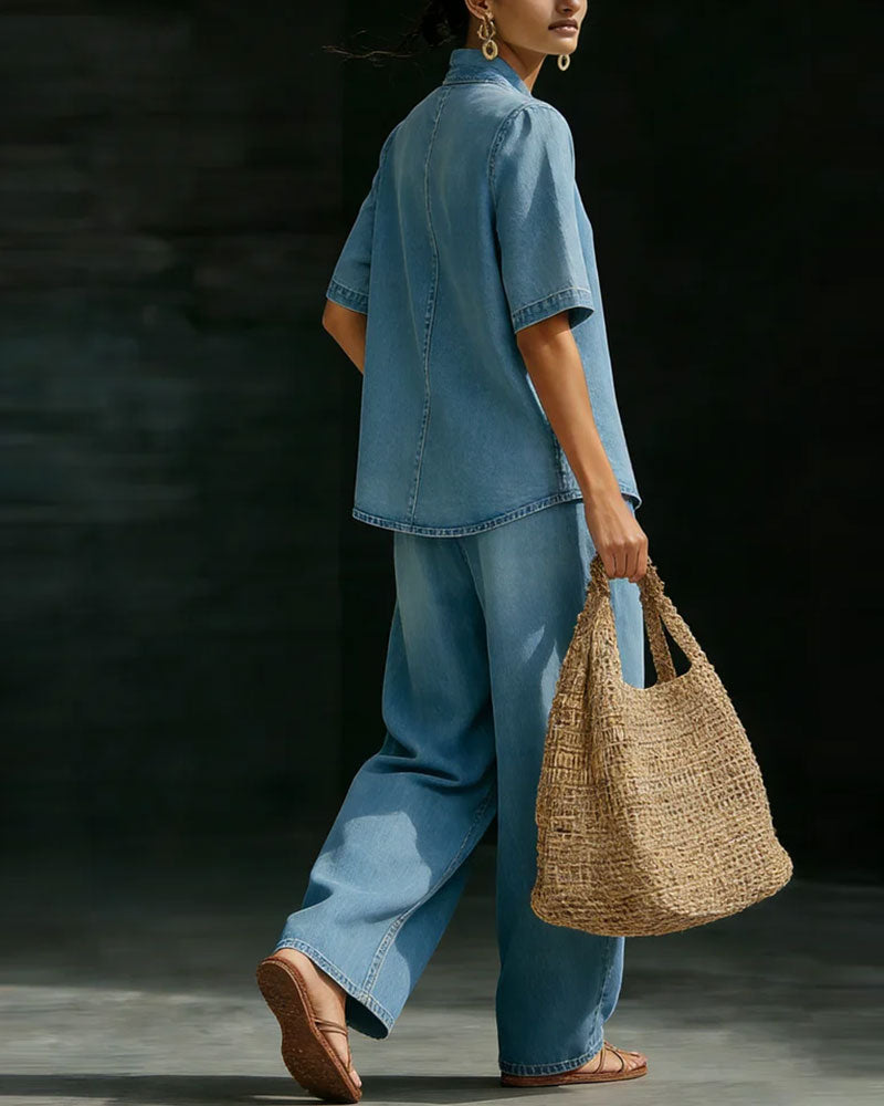 Set Tvättad Denim V-Hals