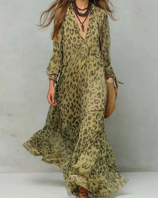 Klänning V-Hals Lång Ärm Leopard Maxi