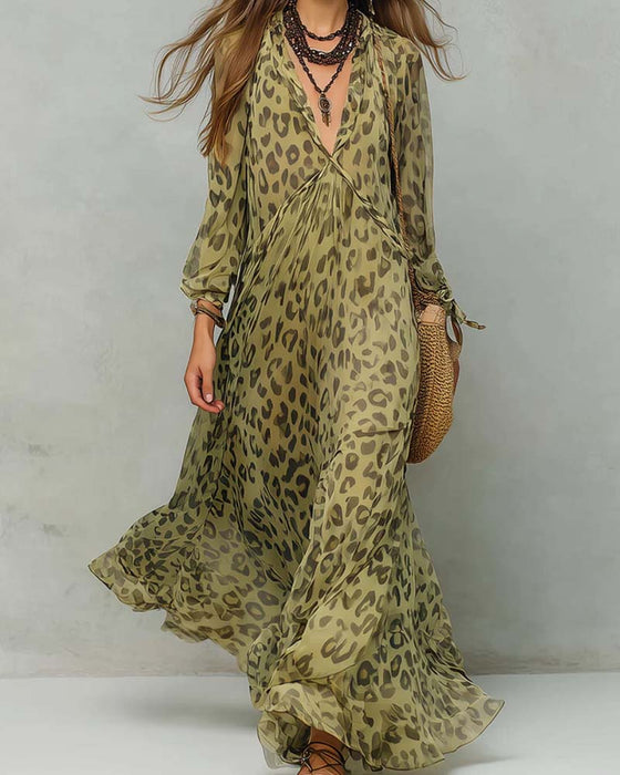 Klänning V-Hals Lång Ärm Leopard Maxi