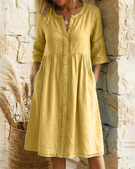 Klänning 100% Bomull Urholkad V-ringning Knapp-Fram