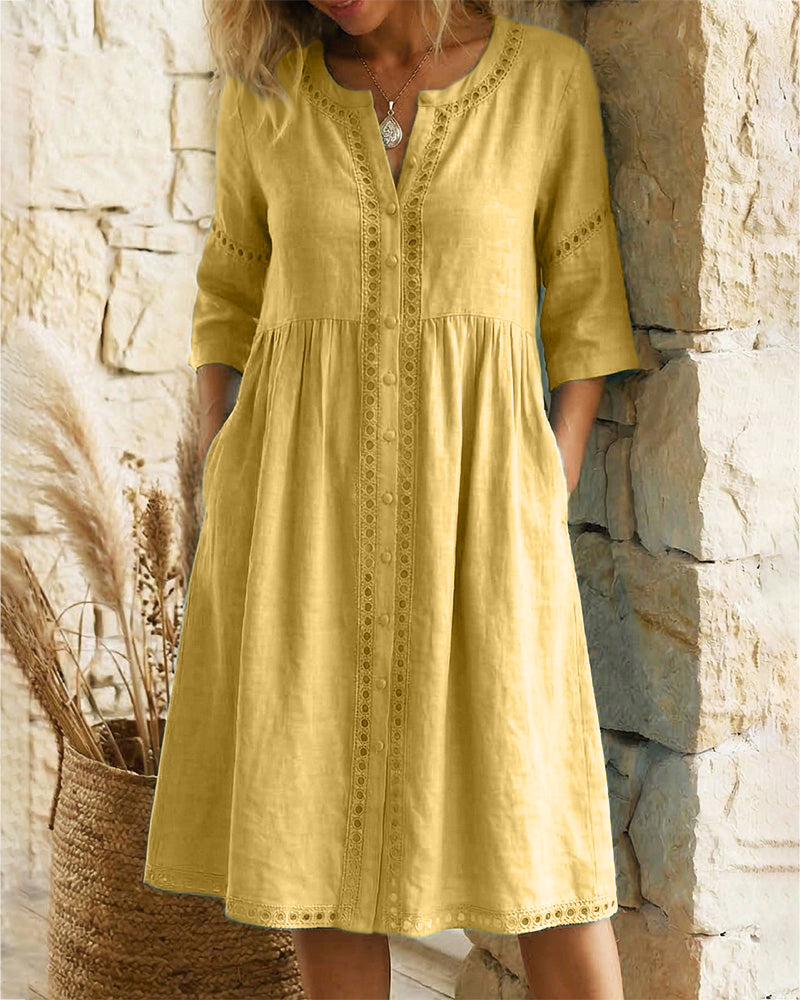 Klänning 100% Bomull Urholkad V-ringning Knapp-Fram