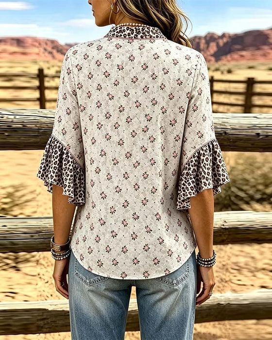 Blus V-Hals Leopardmönster Blommig Patchwork Krås