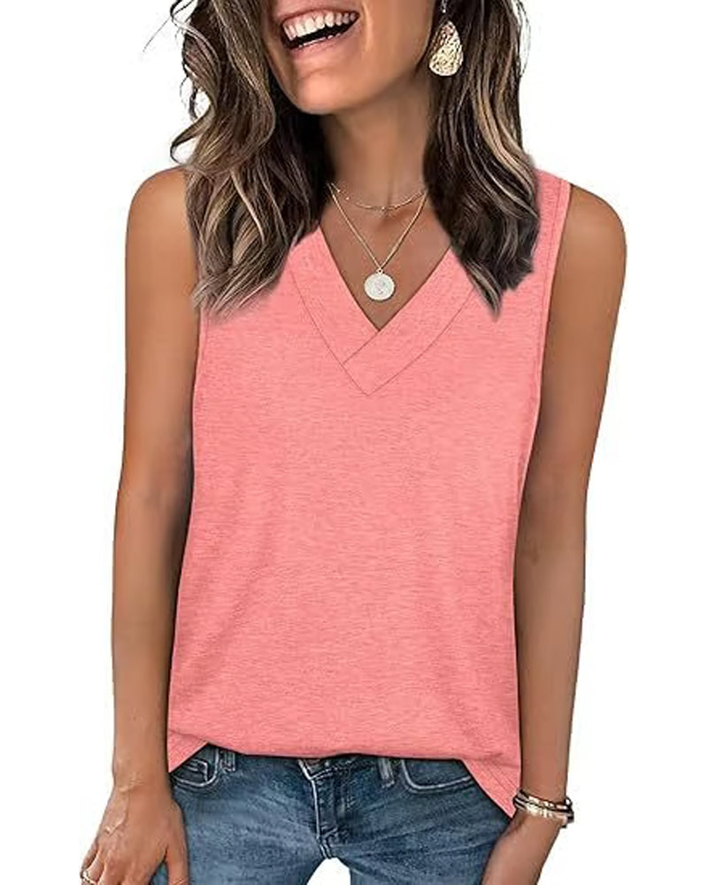 Linne T-Shirt Dam Ärmlös V-Hals Bantning Lös Passform Avslappnad