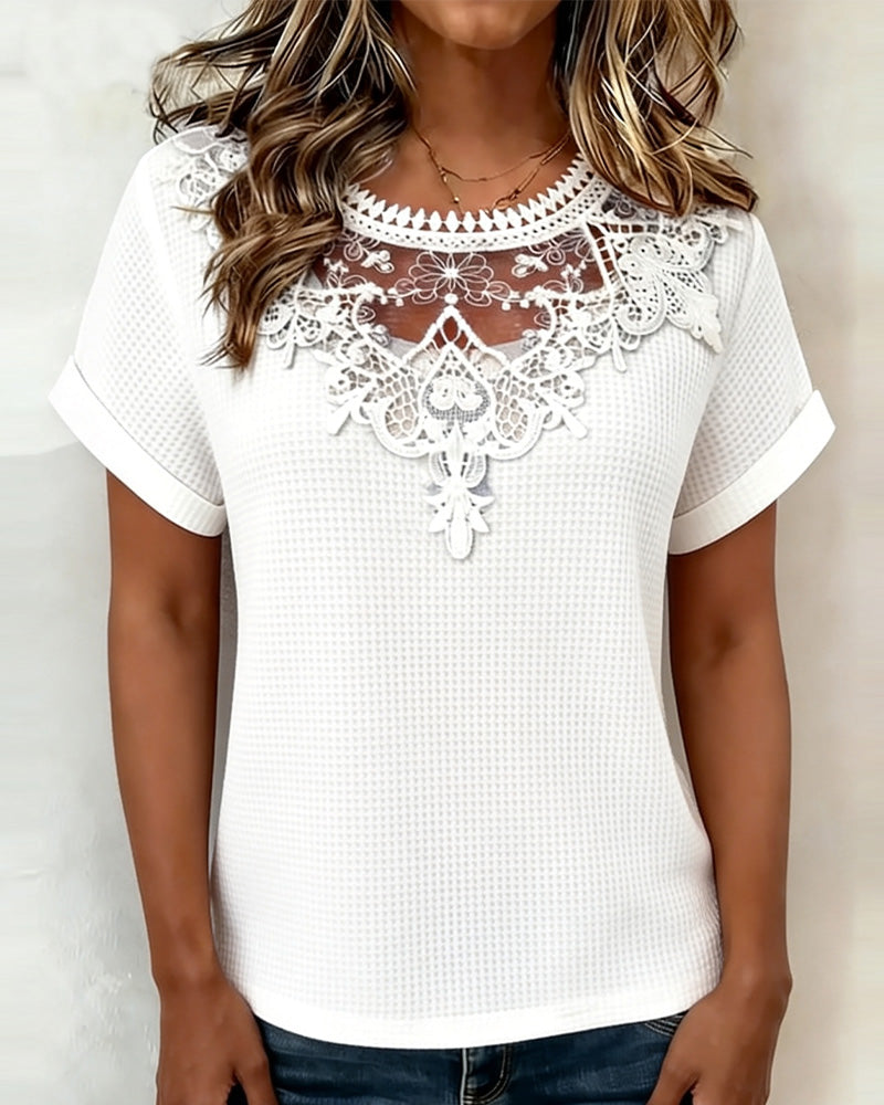 T-Shirt Med Spetslapp Och Vaffelmönster – Kortärmad