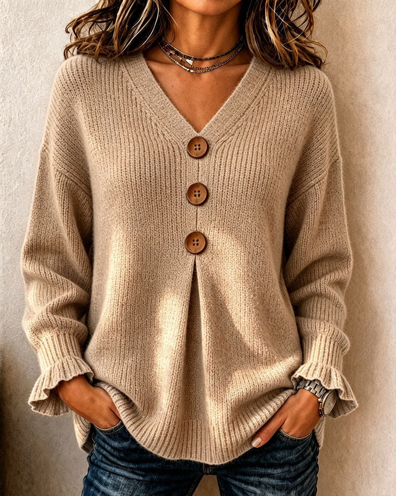 Tröja V-Hals Knapp Pullover