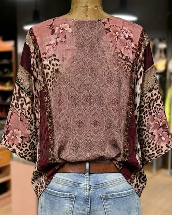 Blus V-Hals Lykta Ärm Leopard