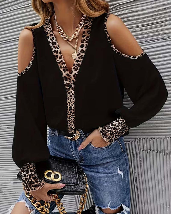 Blus Off-Axel Leopard Patchwork Lång Ärm