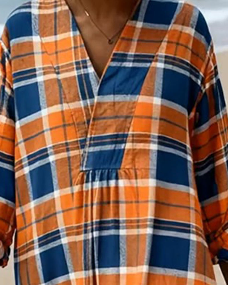 Lös V-Ringad Klänning I Rutigt Mönster