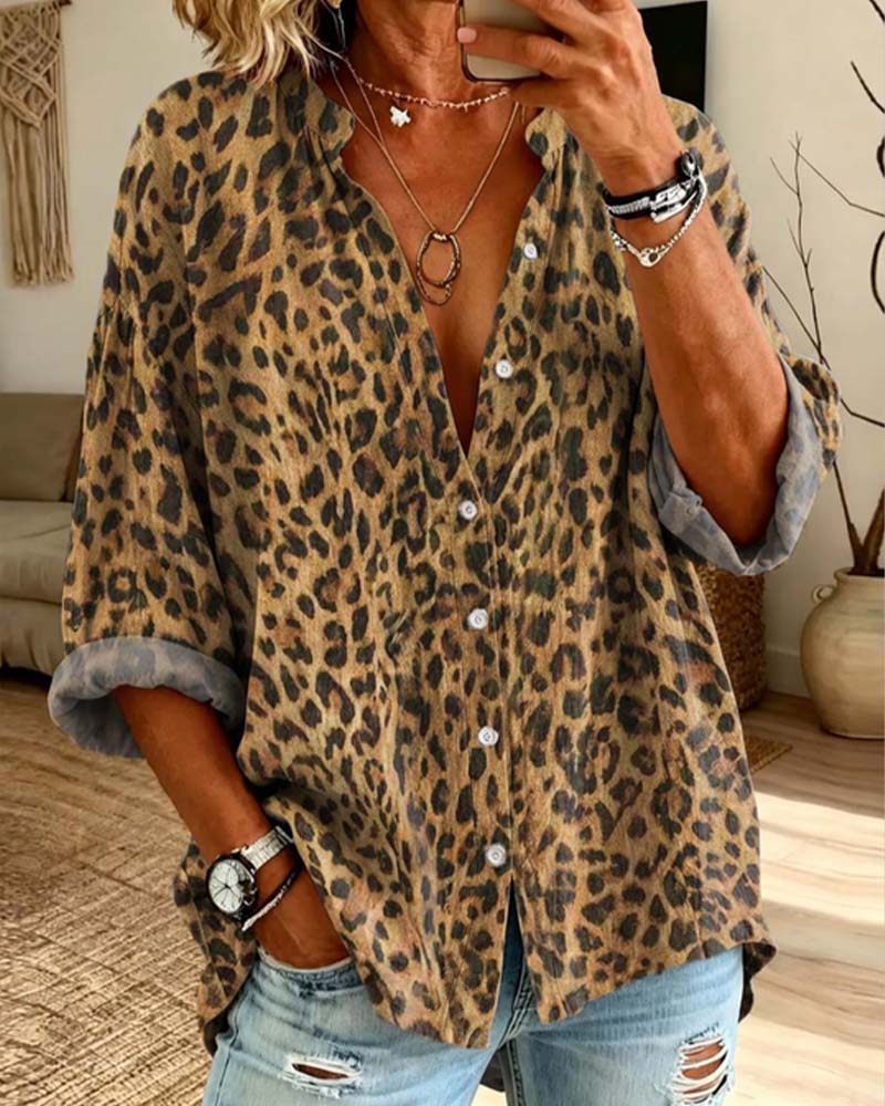 Skjorta V-Hals Knapp Leopard Lång Ärm
