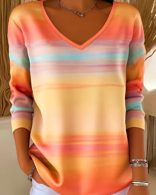Sweatshirt Regnbåge Ombre Horisontell Rand V-Hals