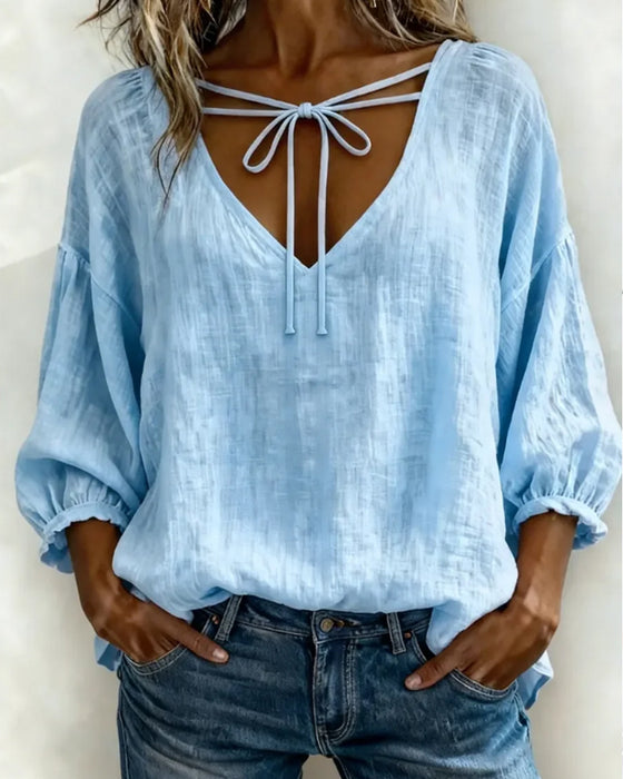 Blus V-Hals Dragsko Bomull Lin