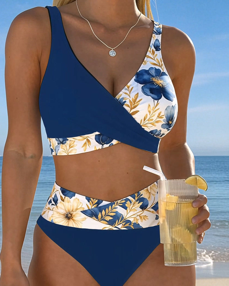 Bikini Blommig Färgblock Lapptäcke