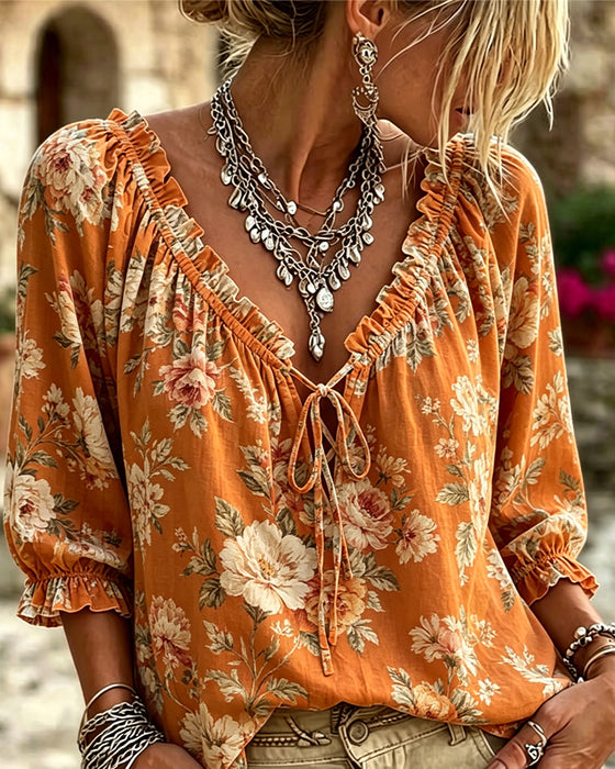 Blus Blommig V-Hals Knyt Puffärm