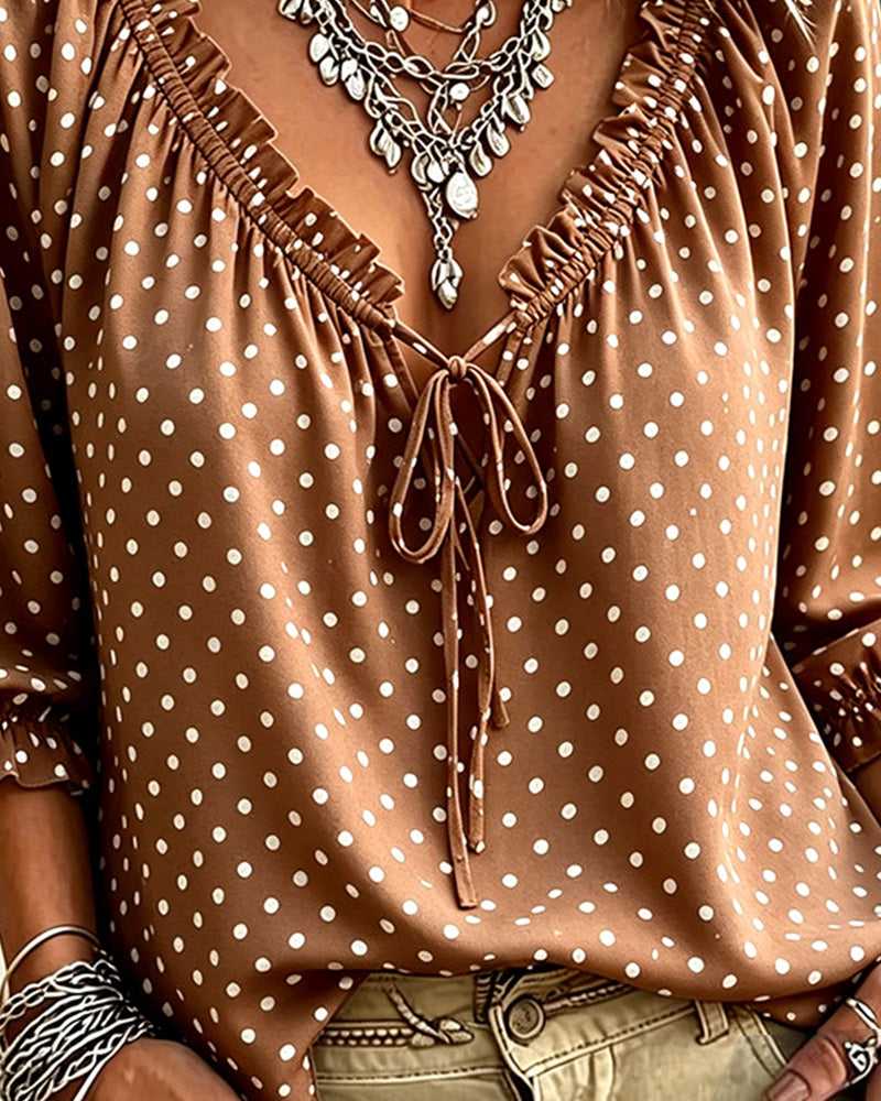 Blus V-Hals Ruffle Polka Dot Knytning
